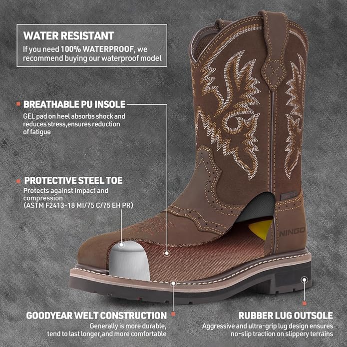 HISEA NINGO Steel Toe Work Boots for Men, Waterproof Square Toe Cowboy Boots Slip on, Comfortable Soft Toe Pull on Western Safety Work Shoes for Construction Industrial Working Welding Riding, Brown