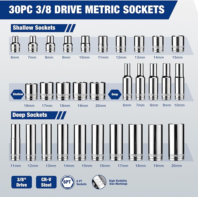 WORKPRO 32-Piece 3/8-inch Drive Metric Sockets and Ratchet | 30 Metric Deep and Shallow Sockets, 6-20mm with Magnetic Organizer, 72-Tooth Quick Release Reversible Ratchet, Auto Repair