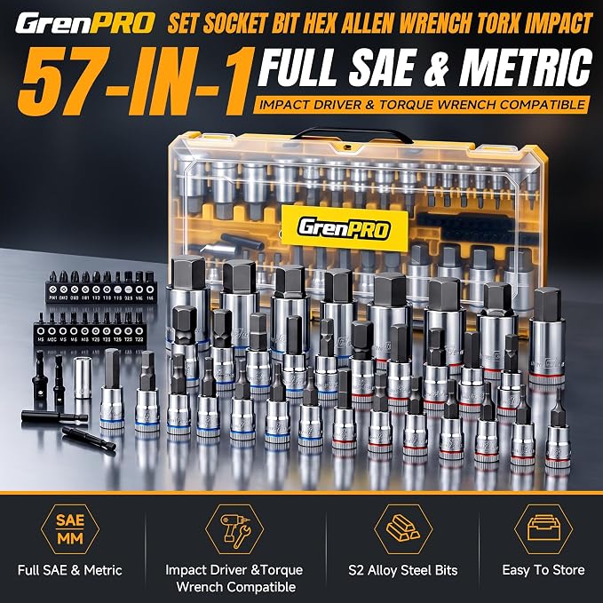 GRENPRO 57-Piece Hex Bit Socket Set SAE Metric Allen S2 1/4 3/8 1/2" | Torx, Phillips, Slotted bits, drive adapters, sturdy storage case. S2 steel bits, Cr-V sockets. Automotive mechanical work