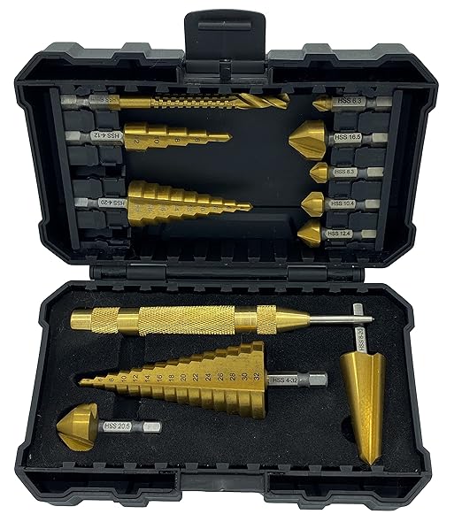 NordWolf 12-Piece HSS Titanium Metric Step, Countersink, Cone Drills with 1/4" Hex Shank, Multi Drill Saw & Automatic Center Punch Set in Storage Case