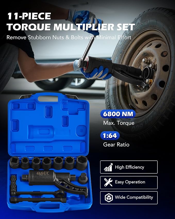 OMT 11pc 1" Drive Torque Multiplier Wrench Set, 6800 Nm Lug Nut Remover | 1:64 Labor Saving Ratio; 5015 Ft-Lb; 8 Sockets 21-38mm; 10.4" Extension Bar; Heavy Duty Tool For Semi Trucks, RVs, Buses