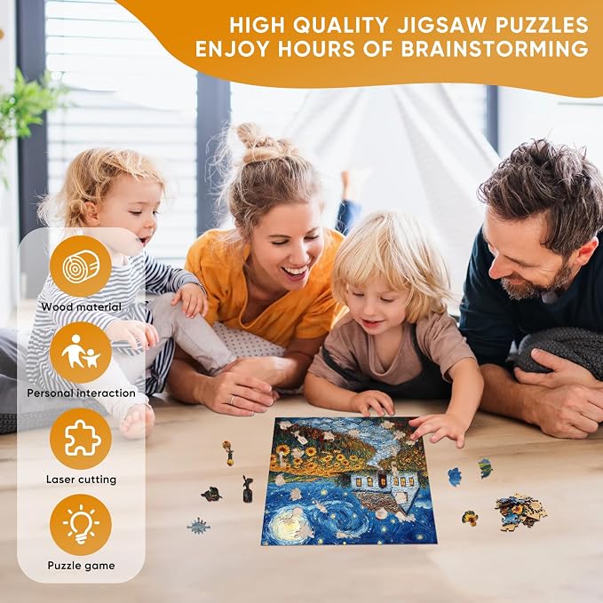 Pikoqunc Sunflower Village Wooden Puzzles for Adults,200 Pieces 11.2x11.2 in,Charming Countryside Jigsaw Puzzle with Unique Laser-Cut Pieces and Exquisite Box, for Family Fun and Festival