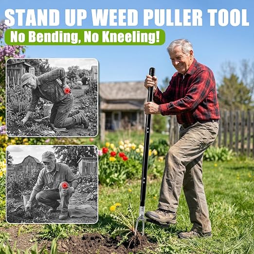 Stand Up Weed Puller Tool, 4-Claw Steel Head Heavy Duty Weeder, Adjustable Long Handle Garden Weeding Tool for Effortless Weed Removal Without Bending Kneeling Pulling