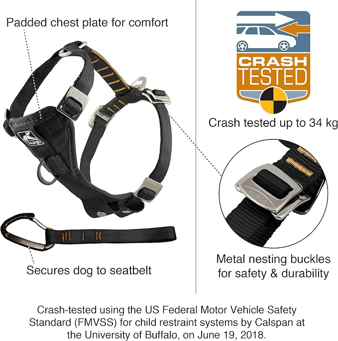 Kurgo Enhanced Strength Tru-Fit Smart Harness, Black, Extra Small | Crash Tested Car Harness for Dogs up to 75Lbs, Seatbelt Tether & Steel Carabiner, All-Steel Buckles, Padded Chest for Comfort