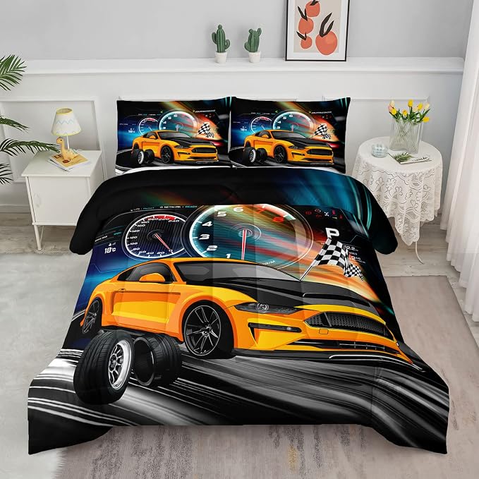 Axolotl Race Car Bedding Set Queen Size, Boys Extreme Sports Comforter Set for Kids, Yellow Cool Car Racing Gifts, Sports Quilt Set With 1 Comforter and 2 Pillowcases