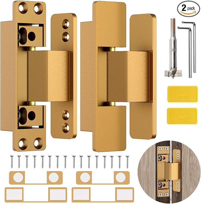 4.5" Hidden Door Hinge/Invisible Door Silent Door Hinge 110 Degree Swing Hinge 2-Way Adjustable Butt Hinge 4.5 x 2 x 1 (2, Gold)