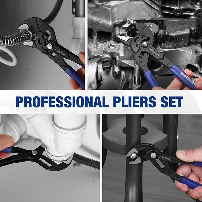 WORKPRO 2 PCS 7-Inch Pliers Wrench & Groove Joint Pliers Set, Quick Adjust | CR-V Steel, Smooth Jaw & V-Jaw, Upgraded Wide Opening, Soft Grip - for Plumbing, Pipe Fittings, Household Repairs