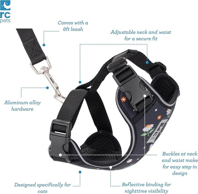 RC Pets Adventure Kitty Cat Harness | Adjustable Airmesh Vest with D-Ring and 6ft Leash for Walking and Travel | Daisies, Small
