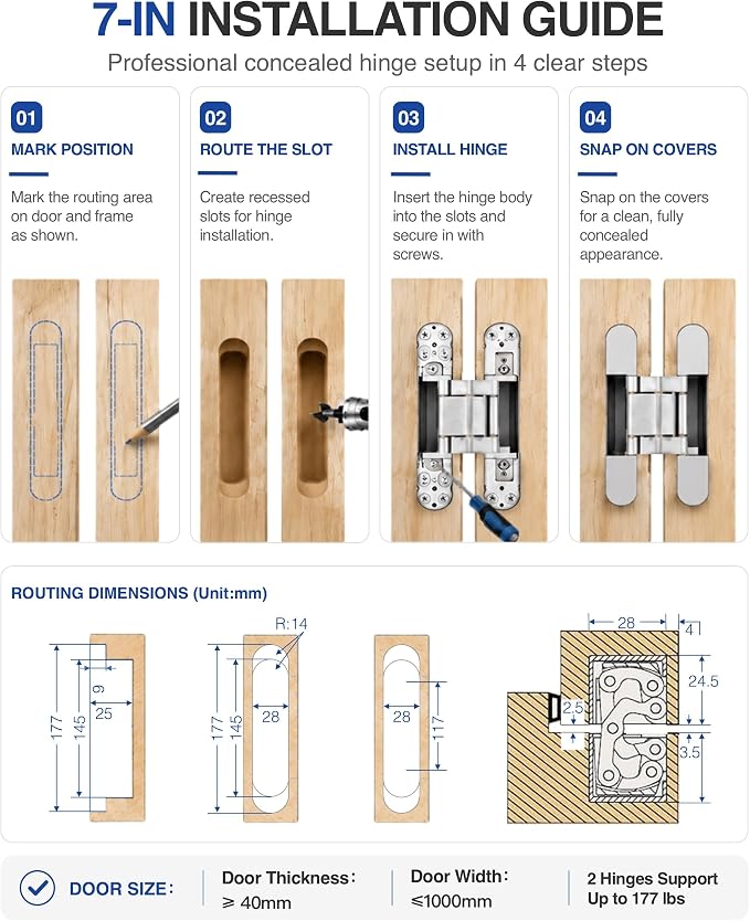 Onedaful 2 Kits 7 inch Stainless Steel Hidden Door Hinges Invisible Hinges for Door, 180 Degree Swing Concealed Hinges, 3 Way Adjustable & Heavy Duty for Secret Door (Load-Bearing Up to 170lbs)