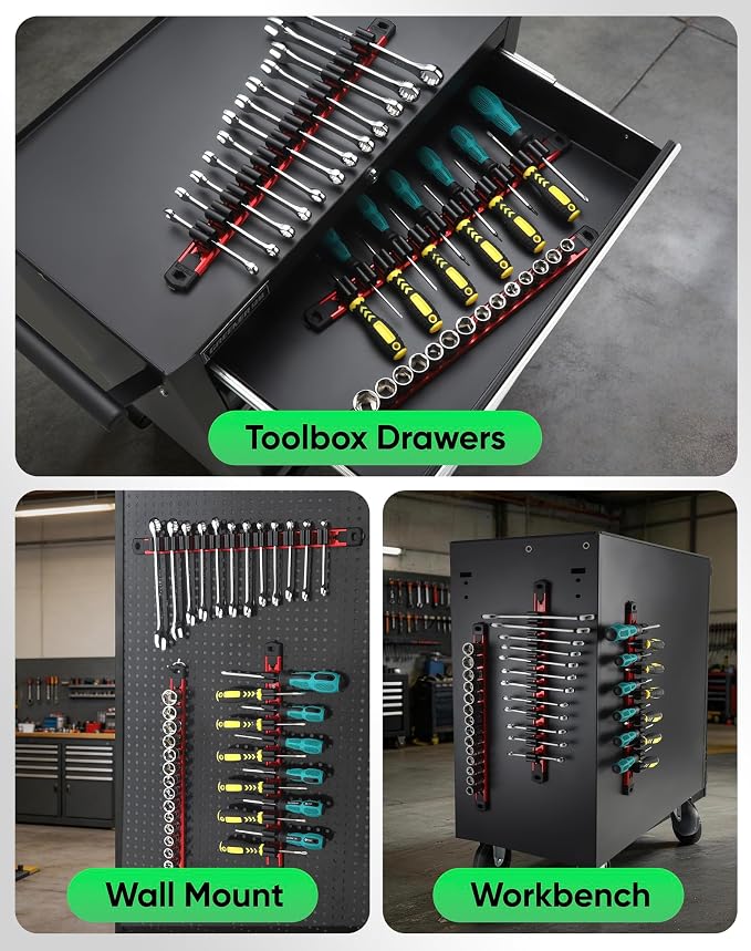 ALOANES 6PC Magnetic Tool Organizer Set - 36 Slot Screwdriver Holder & 42 Clip 3/8" Socket Rail, Heavy Duty Aluminum for Toolbox & Pegboard (Red)