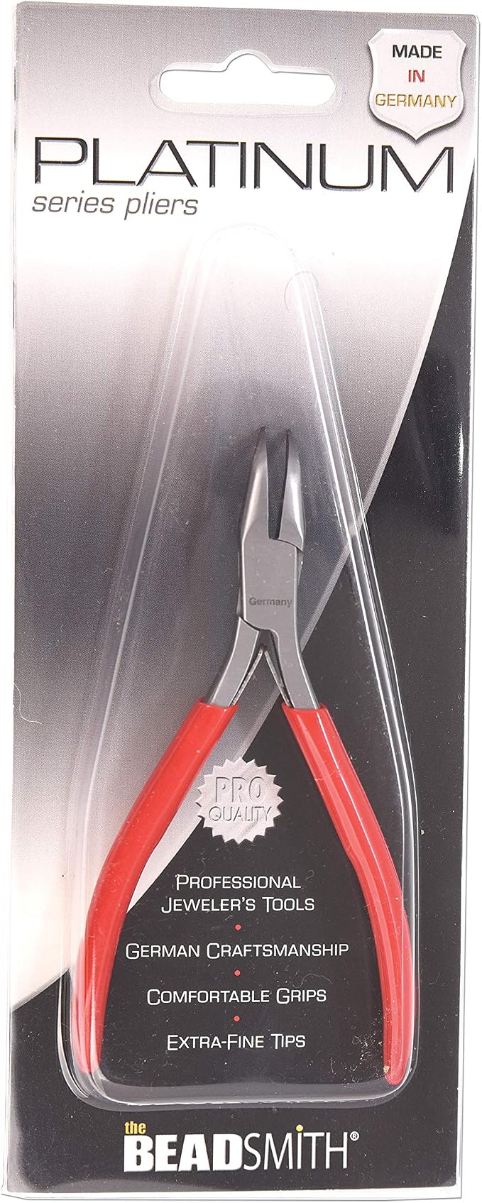 The Beadsmith Platinum Series German Bent Chain Nose Pliers, 4.75 inches (120mm) with polished steel head, red PVC comfort grip handle and double-leaf spring, tool for jewelry making