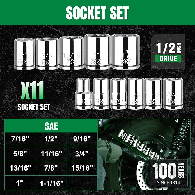 SK 1/2" Drive Socket Set, SAE Sockets, 11-Piece 7/16" to 1-1/16" | SuperKrome Finish, Premium CR-V Steel, with Aluminum Socket Organizer