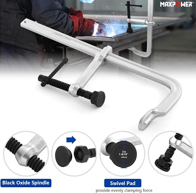 MAXPOWER 16 inch F Clamp, 5-1/2 inch Throat Depth, Removable Swivel Pad, Max Jaw Opening 12-inch Heavy Duty Clamps for Welding