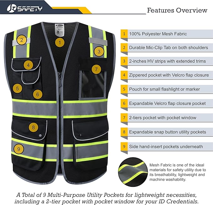 JKSafety 9 Pockets High Visibility Zipper Front MESH Black Safety Vest | Black with Dual Tone High Reflective Strips | ANSI/ISEA Standards (100-Black, M)