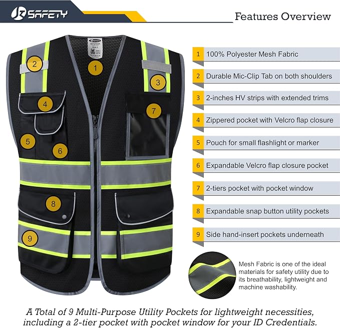 JKSafety 9 Pockets Hi-Vis Black Safety Vest for Men Women High Visibility Reflective Construction Mesh Fabric Cushioned Collar Work Utility PPE Work Gear ANSI/ISEA compliant (100-Black, 3XL)