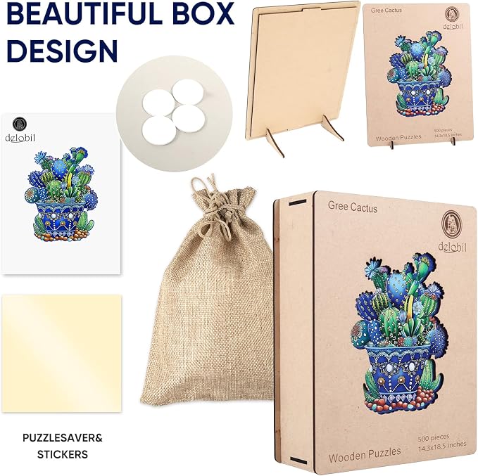 Delobil Puzzles for Adults 500 Pieces, Cactus Jigsaw Puzzles, Unique Shaped Flowers Wooden Puzzles for Adults and Kids, Family Game for Plant Lovers, 14.3 x 18.5 Inches