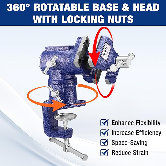 WORKPRO Dual Jaws Table Vise 2.5" & 1.5", 360° Swivel Clamp-On Bench Vise for Woodworking, Metalworking, DIY, Multi-position Small Portable Vise, Mini Vice Clamp for Workbench, Golf Club Regripping