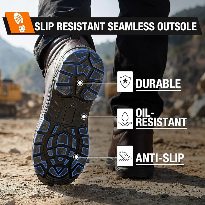 NINGO Steel Toe Work Boots for Men, Non Slip & Puncture Resistant Construction Boots with Breathable Lining, EH Protection, Comfortable Mens Safety Leather Work Shoes for Industrial, Walking Warehouse