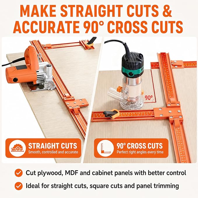 50-Inch Circular Saw Guide Rail Kit, Track Saw Guide for Straight & 90° Cross Cuts, No Special Saw Base Required, Aluminum Alloy Saw Guide Rail for Plywood, MDF and Cabinet Panels