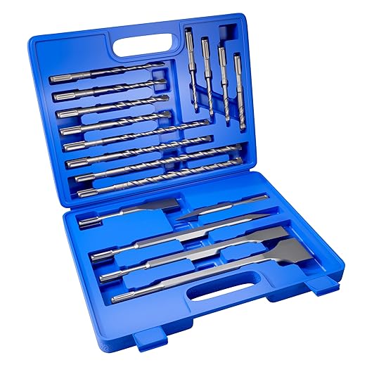 17Pcs Rotary Hammer Drill Bits and Chisel Set - SDS-Plus Carbide-Tipped Drill Bits and Chisels with Storage Case - Tools for Concrete Brick Stone and Other Masonry Construction Materials