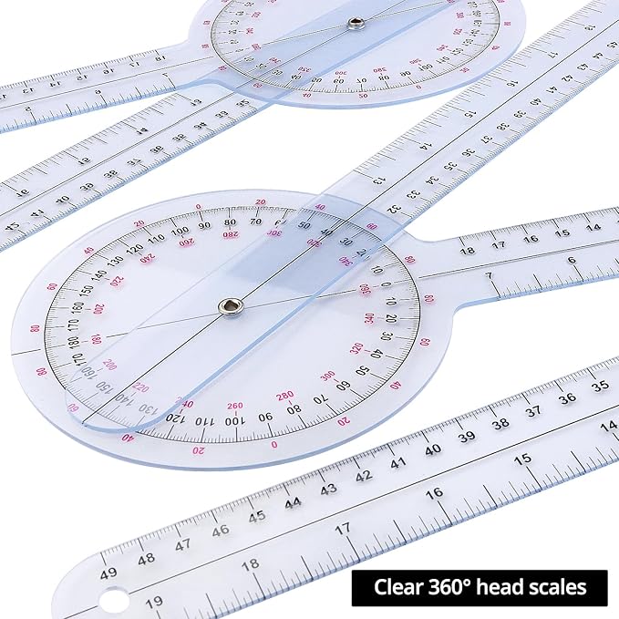 QWORK 12 Inch 360 Degree Goniometer Clear Plastic Protractor, 4 Pack Precise Measurement Ruler with Inch and Centimeter