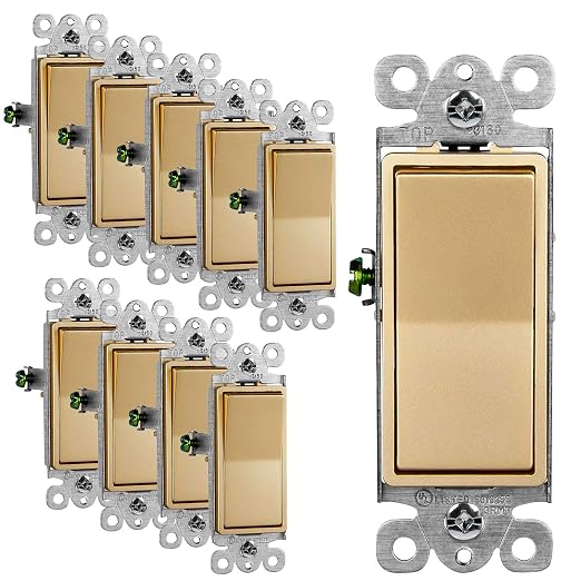 ENERLITES 3-Way Decorator Paddle Light Switch, Gloss Finish, Single Pole or Three Way, 3 Wire, Grounding Screw, Residential Grade, 15A 120V/277V, UL Listed, 93150-GD-10PCS, Gold, (10 Pack)