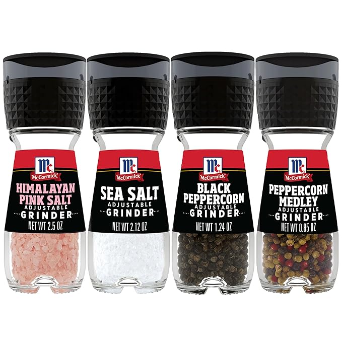 McCormick Grinder Essentials Variety Pack, Non GMO, Varieties Include Black Peppercorn, Himalayan Pink Salt, Peppercorn Medley & Sea Salt, 6.47 oz