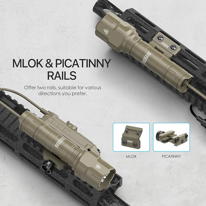 Feyachi Rifle Light 1200LM 22500Candela WL25 Tactical AR Flashlight LED Outdoor Light with Pressure Switch & Picatinny/Mlock Rail Mount, 3 Modes - High/Low/Strobe (Pic & Mlok-Khaki)