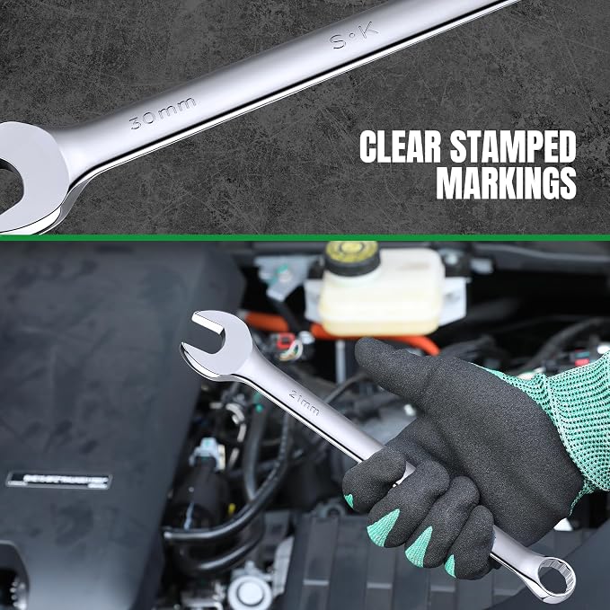 SK Combination Wrench Set, Metric 6 to 32mm, 22-Piece, Premium CR-V Steel | SuperKrome Finish, Drop Forged, 12-Point Wrenches, 15-Degree Offset, with Rolling Pouch
