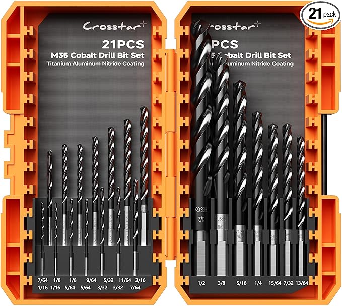 Crosstar M35 Cobalt Drill Bit Set for Hardened Metal & Stainless Steel - 21pcs Titanium Aluminum Nitride Coated (TiAlN), Three-Flute Design, 1/16"-1/2" Metal Drill Bits