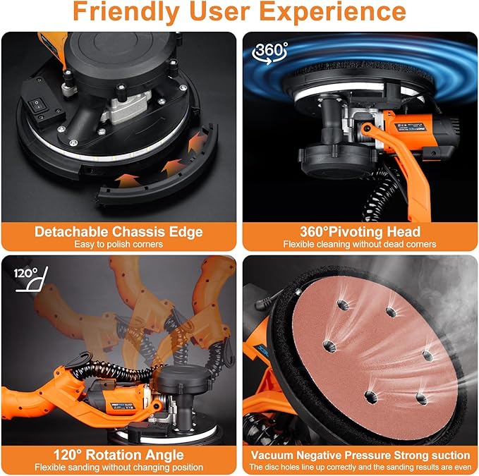 Drywall Sander, 1000W Popcorn Ceiling Removal Tool, Automatic Drywall Sander with Vacuum Dust Collection, LED Light, 6 Variable Speed 800-2200RPM, Foldable & Extendable Handle,15Pcs Sanding Discs