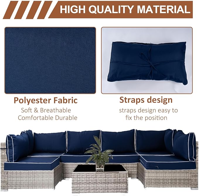 14 Piece Outdoor Patio Cushion Covers Replacement, Waterproof Outdoor Furniture Cushion Covers, Fit 7 Pcs 6 Seater Wicker Rattan Conversation Sofa Set, Navy Blue+White Piping(Only Cover) 25.6x25.6"