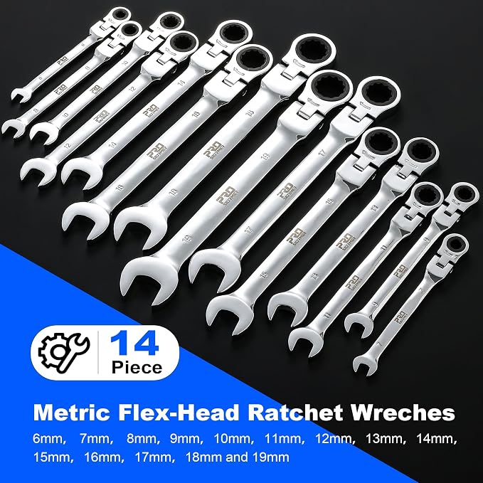 Prostormer 14-Piece Metric Flex-Head Ratcheting Wrench Set | 6-19mm Ratchet Combination Wrenches Kit, 72-Tooth, Cr-V Steel, Organizer Tool Box