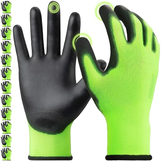Kebada W1 Work Gloves for Men and Women, PU Coated Safety Gloves with Grip, Touchscreen, Ideal for Warehouse Package Handling, Construction, Gardening, Green Large