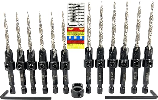 FTG USA Countersink Drill Bit Set 6 Pc #8 (11/64"), 6 Pc #10 (3/16") Tapered Countersink Bit, Stop Collar, Hex Wrench, Woodworking Countersink Drill Bits