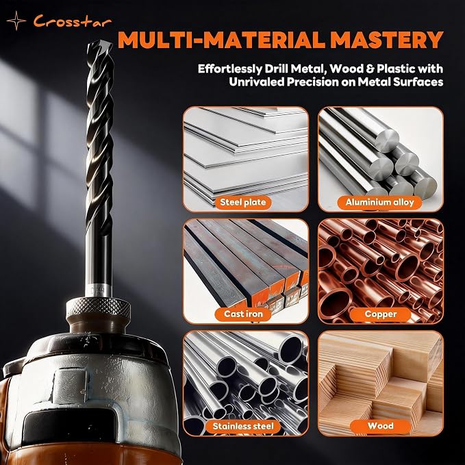 Crosstar M35 Cobalt Drill Bit Set for Hardened Metal & Stainless Steel - 21pcs Titanium Aluminum Nitride Coated (TiAlN), Three-Flute Design, 1/16"-1/2" Metal Drill Bits