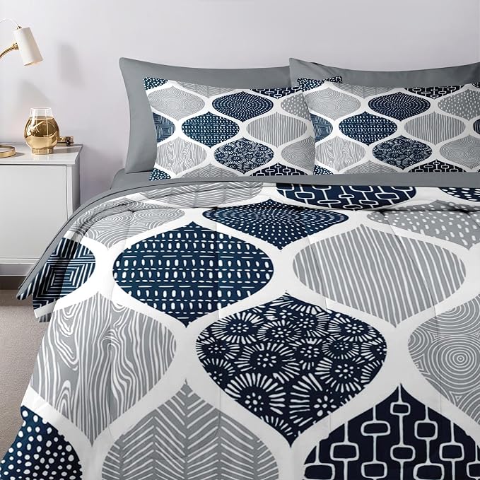 Nesker Comforter Set Queen Size, Boho Bohemian Abstract Blue Gray 7 Pcs Bedding for Kids and Adults, Indigo Geometry Grey Bed Sheet Sets with Fitted Sheet 2 Pillowcases & 2 Shams