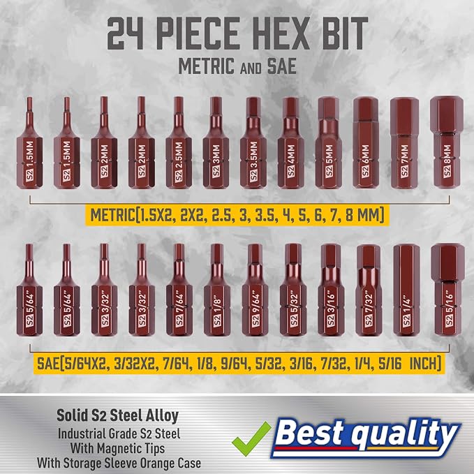 Amartisan 20-Piece Hex Head Allen Wrench Drill Bit Set, Metric and SAE S2 Steel Hex Bits Set, Magnetic Tips, 2.3" Long With Storage box. (24-Piece Hex Head Allen（25mm）)