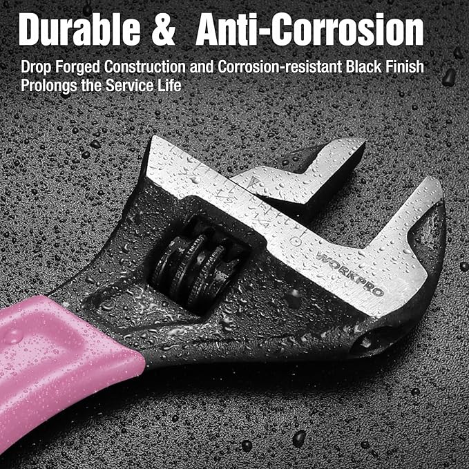 WORKPRO 2 PCS Pink Adjustable Wrench Set, 6-Inch & 10-Inch Wrenches, Wide Jaw Black Oxide Wrench, Metric & SAE Scales, Cr-V Steel, for Home, Garage, Workshop-Pink Ribbon