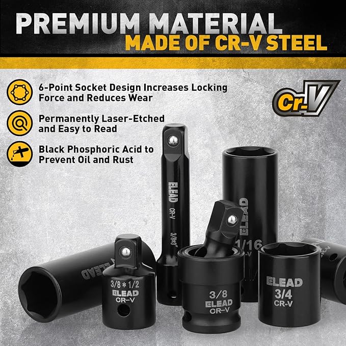ELEAD 96-Piece 3/8" Drive Impact Socket Set, SAE(5/16 to 3/4-Inch) & Metric(8-22mm), Standard & Deep Sockets, Ratchet Handle, Bit Set, Universal Joint, Extension Bar, Adapters, Spark Plug Sockets