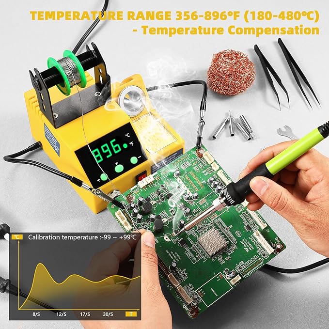 Soldering Station, 100W Digital Display Soldering Iron Station Kit with 2 Helping Hands, 356°F - 896°F, Auto Sleep, °C/°F Conversion, Solder Wire, Tips, Stand, Pump, Tweezers, Tip Cleaner, Yellow