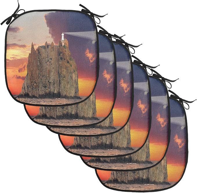 Lunarable Lighthouse Chair Cushion Pads Set of 6, Stromboli Lighthouse Italy Mediterranean Colorful Cloudy Sky Cloudscape, Anti-Slip Seat Padding for Kitchen & Patio, 16"x16", Brown Orange Blue