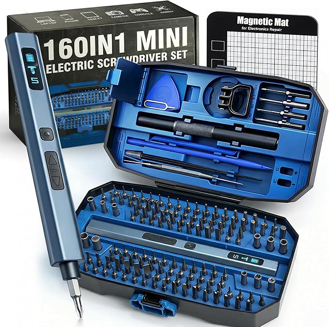 160 in 1 Mini Electric Screwdriver Set: Small Cordless Precision Power Tool Kit with 140 S2 Magnetic Bits, 5 Torque Settings, 4 LED Lights, Storage Case for PC Electronics Repair - Tech Gifts for Men