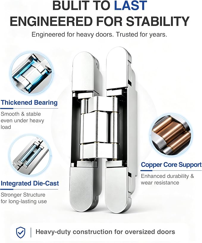 Onedaful 2 Kits 7 inch Stainless Steel Hidden Door Hinges Invisible Hinges for Door, 180 Degree Swing Concealed Hinges, 3 Way Adjustable & Heavy Duty for Secret Door (Load-Bearing Up to 170lbs)