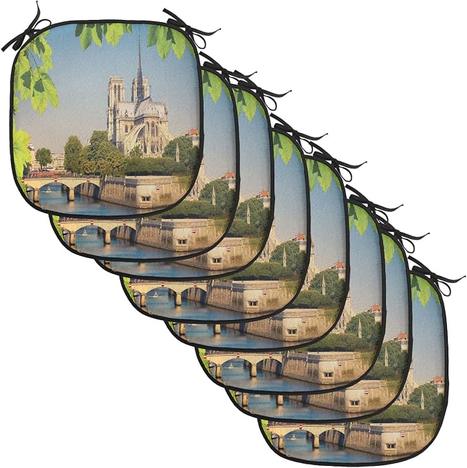 Lunarable Paris Chair Cushion Pads Set of 8, Notre Dame de Paris Historical Architecture Heritage Medieval European Building, Anti-Slip Seat Padding for Kitchen & Patio, 16"x16", Green Blue Ivory