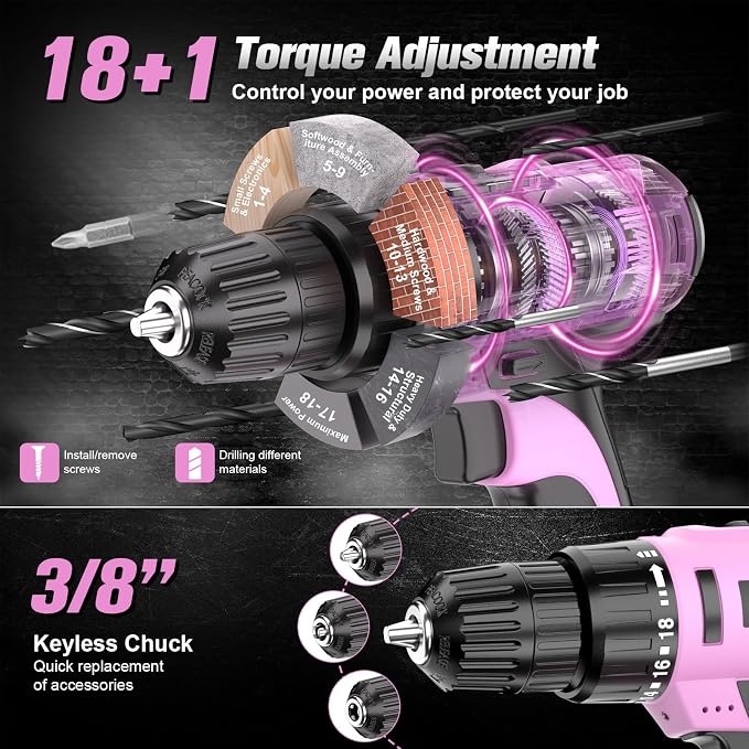 20V Cordless Pink Drill Set with Battery & Charger, 2-Speed Power Drill for Women, Pure Copper Motor, 250 In-lbs, 3/8" Keyless Chuck, Tool Kit for Home DIY（Pink）