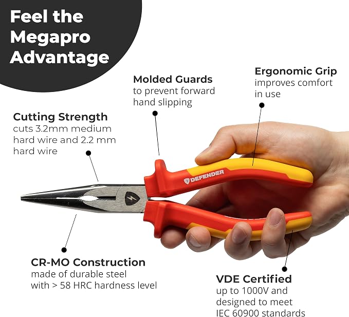 MEGAPRO® DEFENDER Pliers | 1000V VDE Certified | 8.5" Long | Insulated | Electricians Tools (Needle Nose)