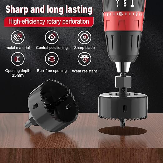 12-Piece Hole Saw Kit, Includes 8 Sizes (3/4" to 2-1/2"), Arbors, Drill Bits, and Hex Key, Ideal for Softwood, Plywood, and PVC (Black)