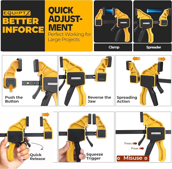 EQUIPTZ 6 Pack Bar Clamps for Woodworking – 2 Pcs 12" & 4 Pcs 6" Quick Grip Clamps Set with 150 lbs Force – Wood Clamps for Gluing, Carpentry, DIY, and Metalworking (Combo Sizes, 6 Pack)