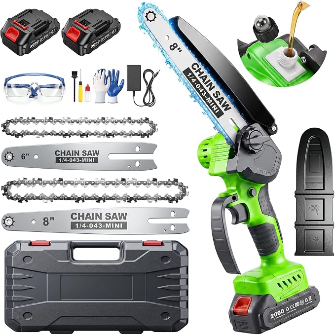 Mini Chainsaw Cordless, 8&6 IN Brushless Electric Chainsaw Battery Powered | 1000W Battery Powered Chainsaw with Auto Oiler & 2×2000mAh Batteries for Tree Branch Wood Cutting, Gift for Men Dad Husband